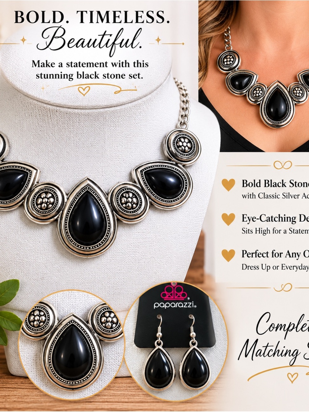 paparazzi Black and Silver Teardrop Statement Necklace and Earrings Set